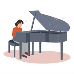 Vector illustration of playing the piano. Cartoon scene of a man sitting on a chair, playing the piano, musical notes isolated on white background. Stringed percussion keyboard musical instruments.