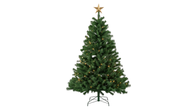 A festive green artificial Christmas tree, adorned with warm string lights and a golden star topper, stands ready for holiday celebrations. background removed