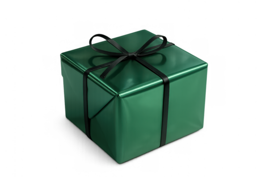 Gift box wrapped in green paper with a black ribbon bow on transparent background symbolizing celebration and surprise - Powered by Adobe