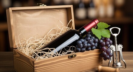 Bottle of red wine with grapes and corkscrew in wooden gift box  