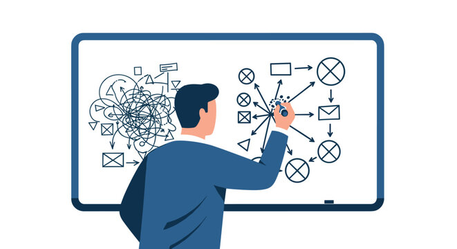 Businessman untangling a complex and chaotic process on a whiteboard, demonstrating problem-solving skills and strategic planning.