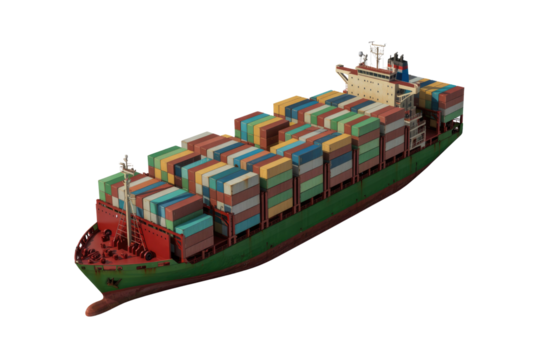 A large cargo ship heavily loaded with numerous colorful shipping containers, isolated against a solid transparent background. background removed