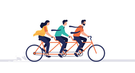Obraz premium Three business professionals riding a tandem bicycle together, a metaphor for teamwork, collaboration, and synchronized effort.