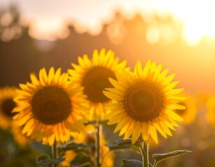 Obraz premium Golden sunflowers glow brightly against a warm, blurred sunset