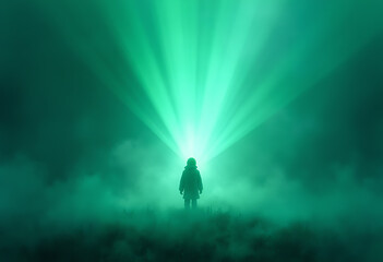 A person in silhouette stands amidst fog, illuminated by a bright green beam