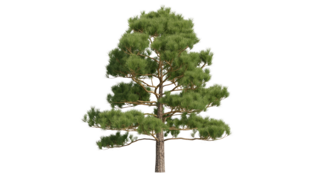 A vibrant green pine tree with a full canopy and visible trunk stands tall, isolated on a solid transparent background. background removed
