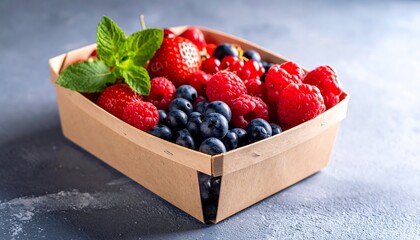 A medley of colorful berries and a sprig of mint nestled in a light brown rectangular container