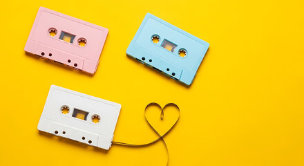 Retro Vibes: Colorful Cassette Tapes with a Heart of Music on Vibrant Yellow Background - Perfect for Nostalgic Designs and Creative Music Projects (Flat Lay)