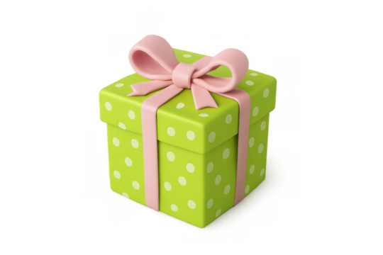 Green gift box with white polka dots and pink ribbon bow, celebrating birthdays, holidays, and special occasions - Powered by Adobe