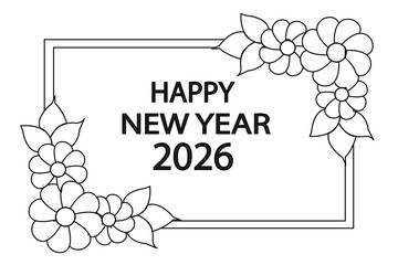 Minimal Floral Frame Line Art Happy New Year 2026
