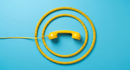 Vibrant Yellow Retro Telephone Handset on Light Blue Background: Conceptual Still Life for Communication, Customer Support, and Vintage Technology Themes (150/190)