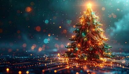 Abstract illustration of a bright golden Christmas tree with lights and stars to celebrate New Year holidays