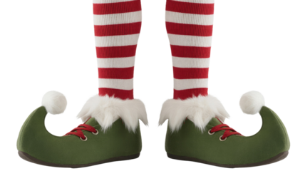 Festive elf legs with red and white striped socks and green curled-toe shoes featuring white fur trim and pom-poms. background removed