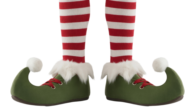 Festive elf legs with red and white striped socks and green curled-toe shoes featuring white fur trim and pom-poms. background removed