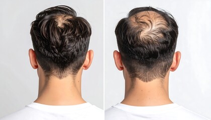A man's rear view, showcasing differing stages of hair loss and its impact