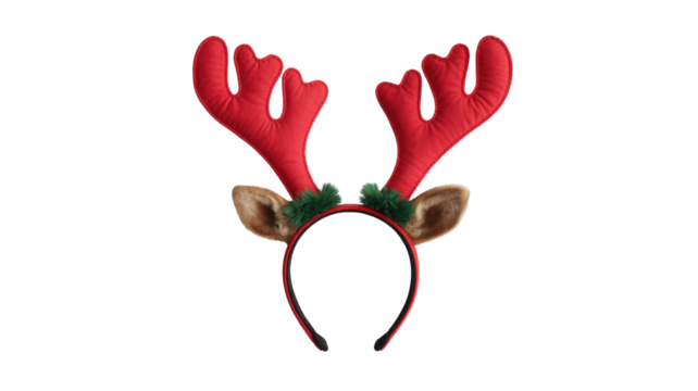 A festive reindeer antler headband featuring soft red antlers, furry brown ears, and green holiday trim on a solid background. background removed