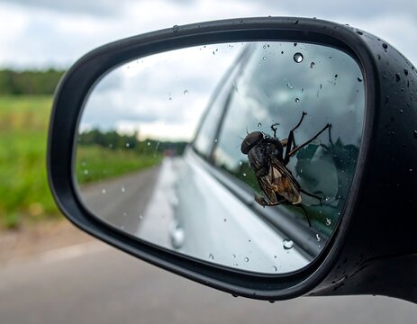 Large insect clings to a wet car mirror, countryside view reflected
