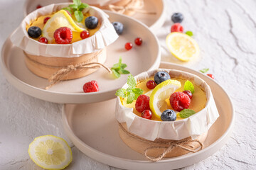 Tasty New York cheesecake with cottage cheese and berries.