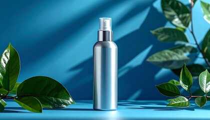 A metallic spray bottle sits center framed with green leaves against a blue background, lit by sunlight