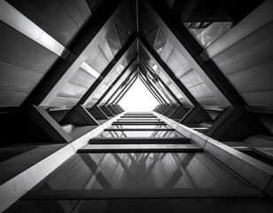 Looking up at a tall building's unique, symmetrical facade