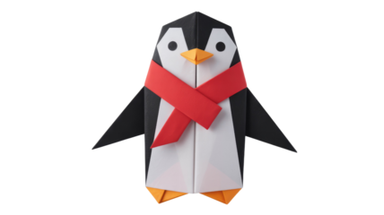 An adorable black and white origami penguin wearing a vibrant red scarf, standing proudly with a charming, geometric paper design. background removed