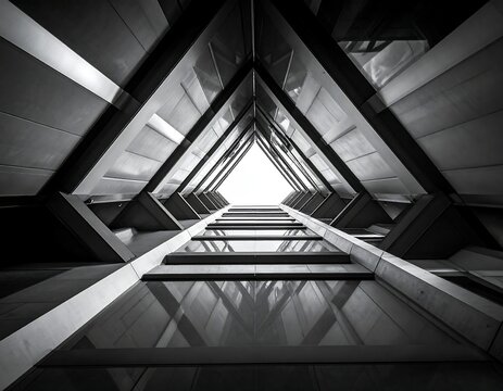 Looking up at a tall building's unique, symmetrical facade