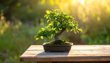 A meticulously crafted bonsai tree sits on a wooden table, bathed in warm sunlight