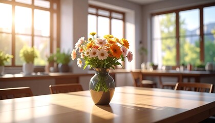 Flowers in a vase on a wood table, sunny room in background with windows. Soft lighting and pastel palette