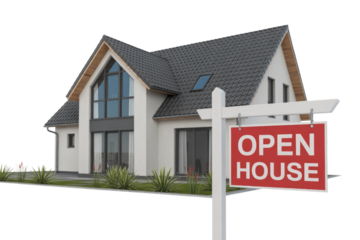 A modern white house with a dark roof and large windows features a prominent red "OPEN HOUSE" sign in front, ready for viewing. background removed