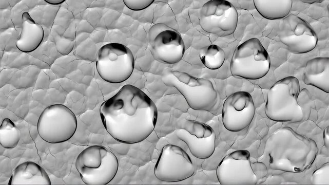 Extreme macro close-up of water droplets on a cracked surface in cool gray tones