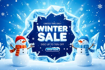 Exciting winter sale event festive snowmen and frosty ice frame for seasonal shopping promotions and special offers