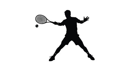 Silhouette of a male tennis player in action hitting a forehand shot with a tennis ball and racket