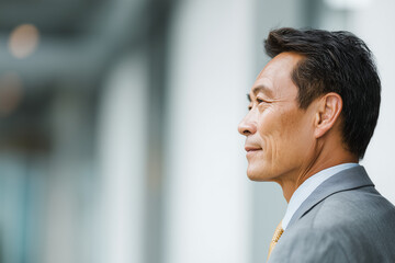 Side profile portrait of a business asianman, 50 years old, office background with copyspace