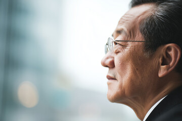 Obraz premium Side profile portrait of a business asianman, 50 years old, office background with copyspace