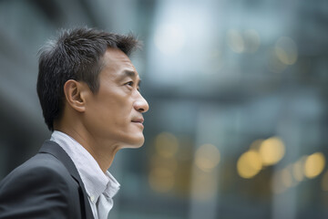 Fototapeta premium Side profile portrait of a business asianman, 50 years old, office background with copyspace