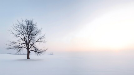 Solitary Tree in Snow Field &ndash; Minimalist Winter Serenity