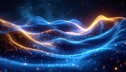 Flowing abstract blue and golden light waves with sparkling dots, evoking a sense of dynamic energy and ethereal beauty