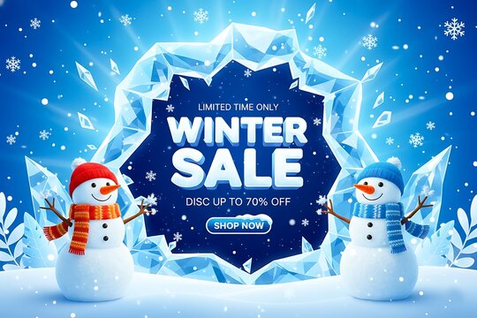 Exciting winter sale event festive snowmen and frosty ice frame for seasonal shopping promotions and special offers