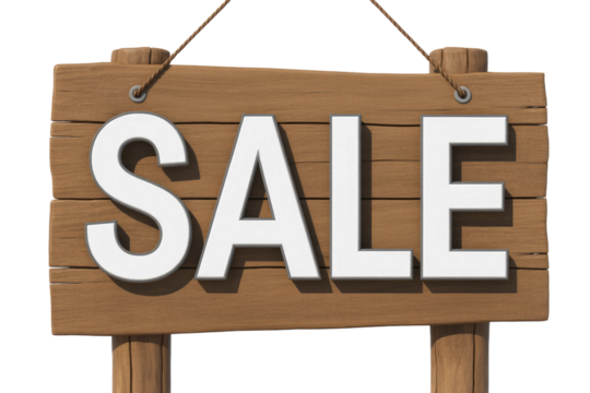 A rustic wooden sign prominently displays the word "SALE" in bold white letters, hanging by ropes, indicating discounts or special offers. background removed