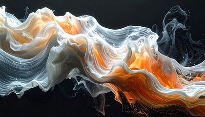 Flowing, abstract wave of white and orange translucent material against a dark background with shimmering details