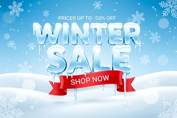 Exciting winter sale announcement with icey text and festive snowflakes offering a great shopping opportunity