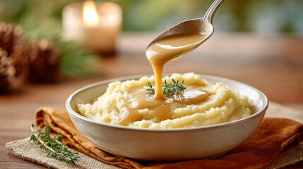 Thanksgiving celebration with gravy boat and mashed potatoes in cozy setting