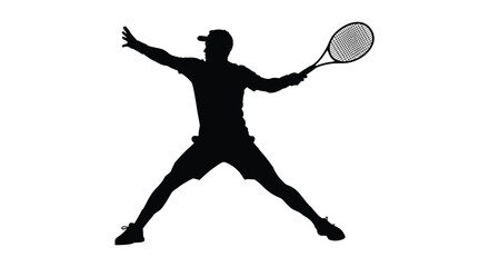 Silhouette of a male tennis player in action mid serve with a racket against a white background