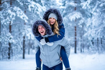 Joyful young couple embraces winter fun with a piggyback ride in a snow-covered forest a true celebration of cold weather romance and outdoor adventures