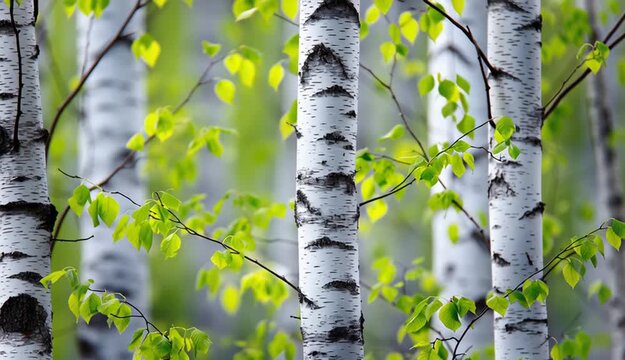 White birch tree trunks with characteristic black markings in vertical pattern, fresh spring green leaves on branches, bright natural forest scene, white bark texture with dark spots and horizontal 