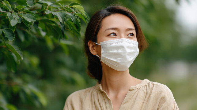 Woman wearing mask outdoors for world allergy awareness day