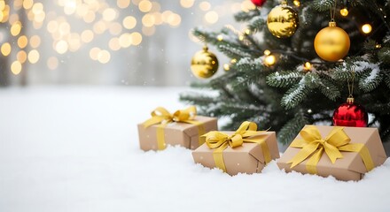 Christmas Presents Under Decorated Tree with Golden Ornaments and Snow