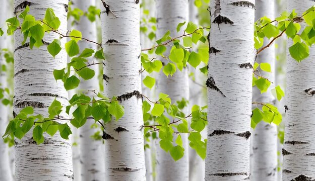 White birch tree trunks with characteristic black markings in vertical pattern, fresh spring green leaves on branches, bright natural forest scene, white bark texture with dark spots and horizontal 