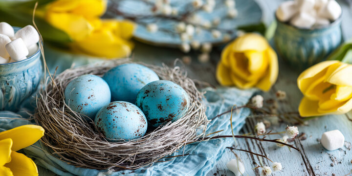Easter nest with blue eggs surrounded by yellow tulips and decorations  