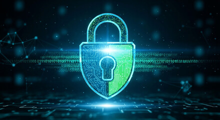 The secure computer protection concept features a digital padlock icon with binary code access, symbolizing internet safety and privacy
